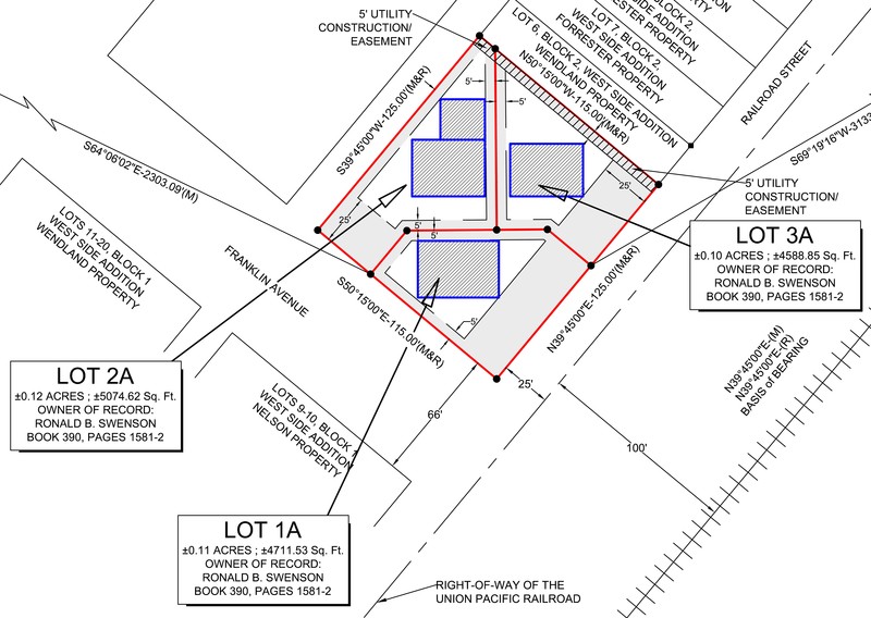 Image of the recorded plat showing lot legal layout of the lots at Railroad Street and Franklin Avenue